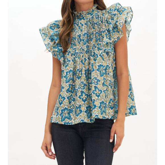 OLIPHANT Tops - NEW OLIPHANT pintuck ruffle top in blue/gold ivy